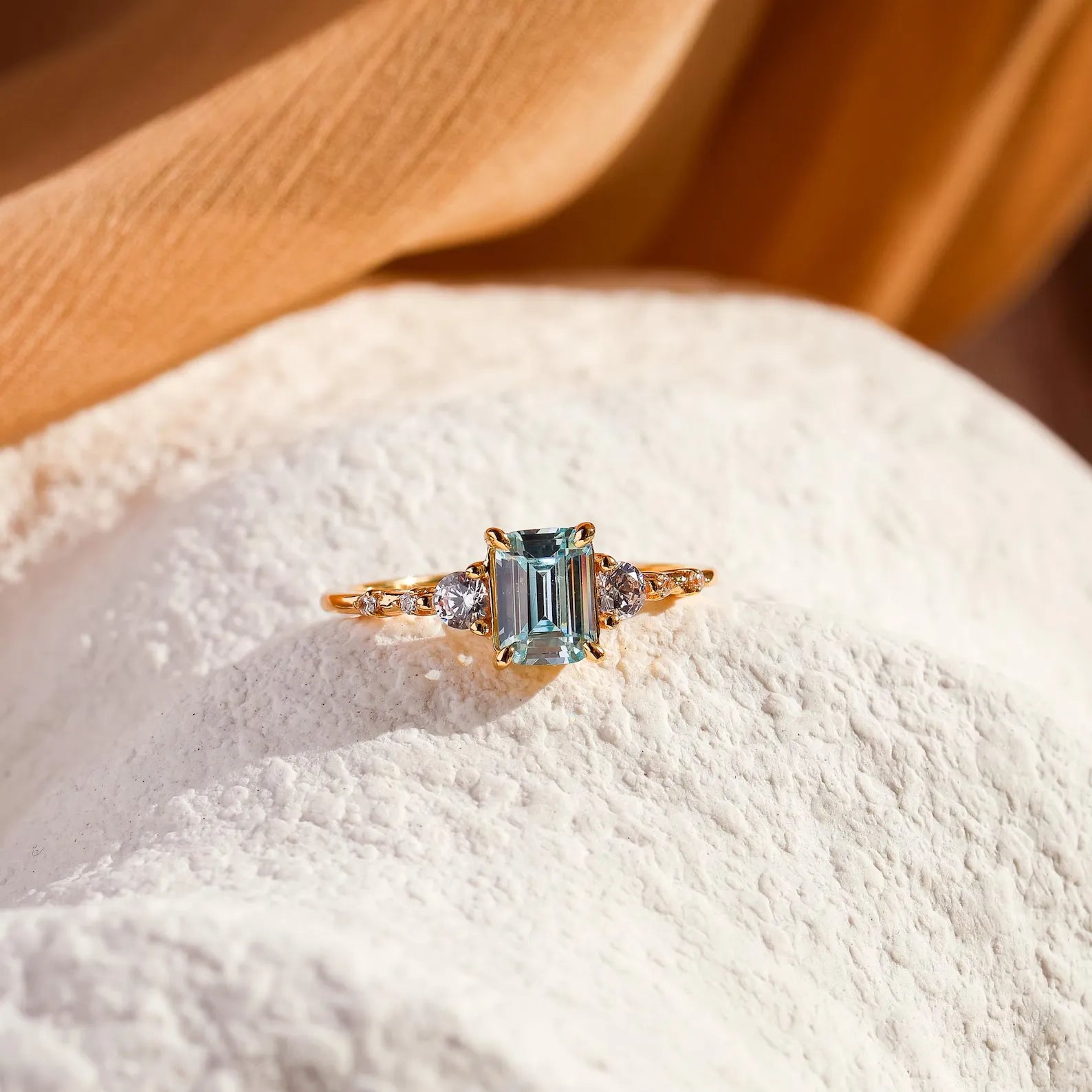 Vintage Emerald Cut Natural Aquamarine Yellow Gold Plated Silver Engagement Ring