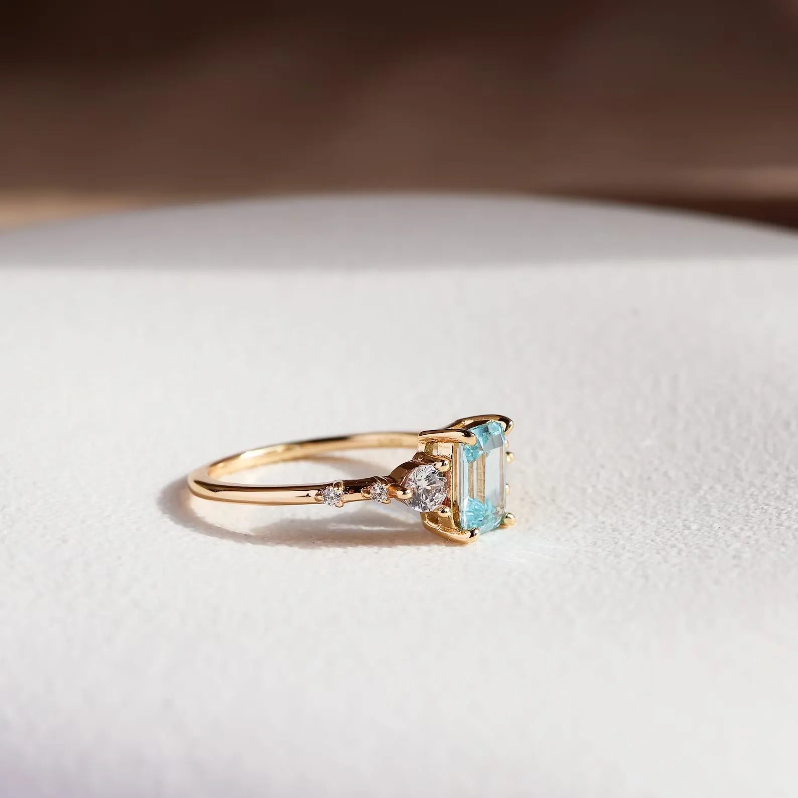 Vintage Emerald Cut Natural Aquamarine Yellow Gold Plated Silver Engagement Ring