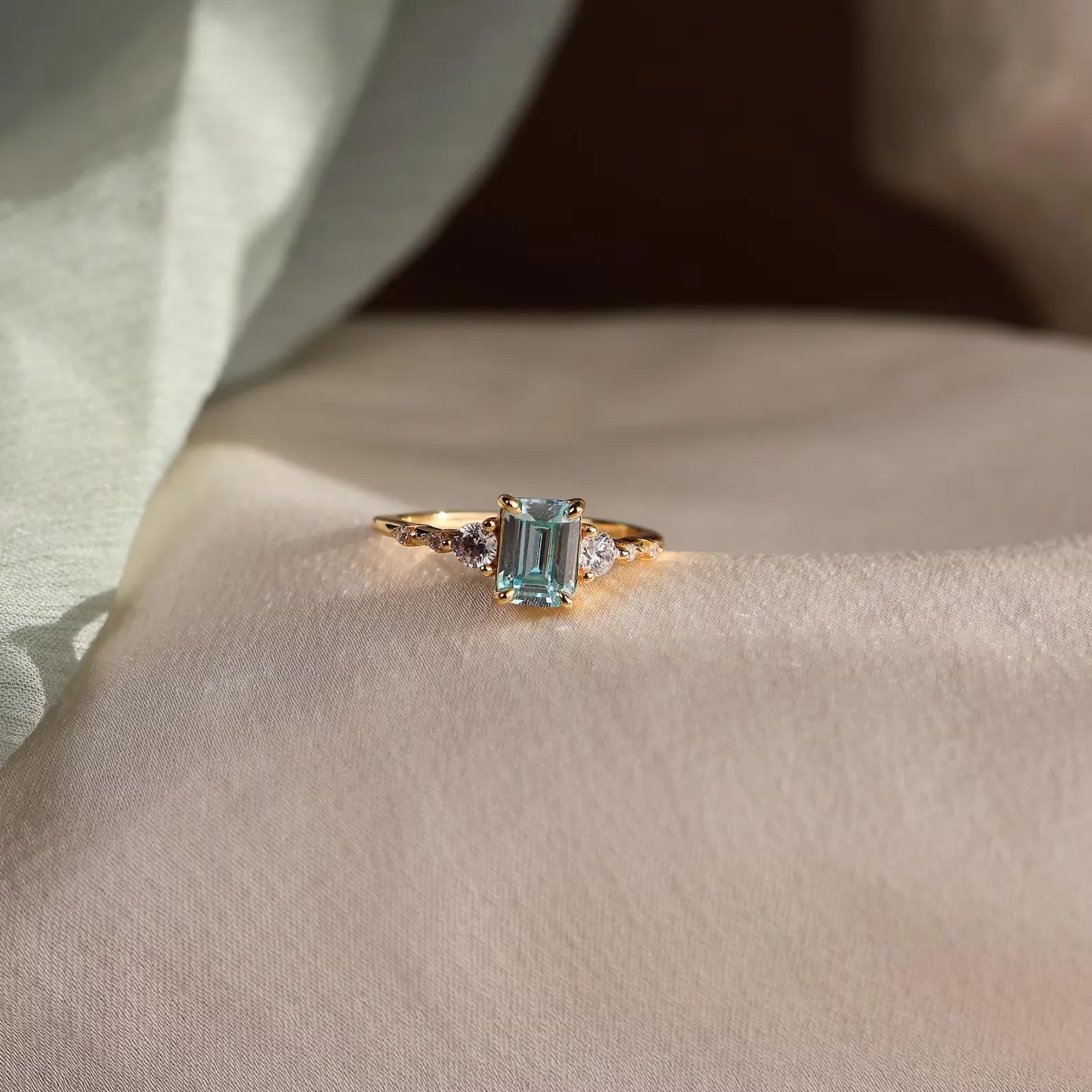 Vintage Emerald Cut Natural Aquamarine Yellow Gold Plated Silver Engagement Ring