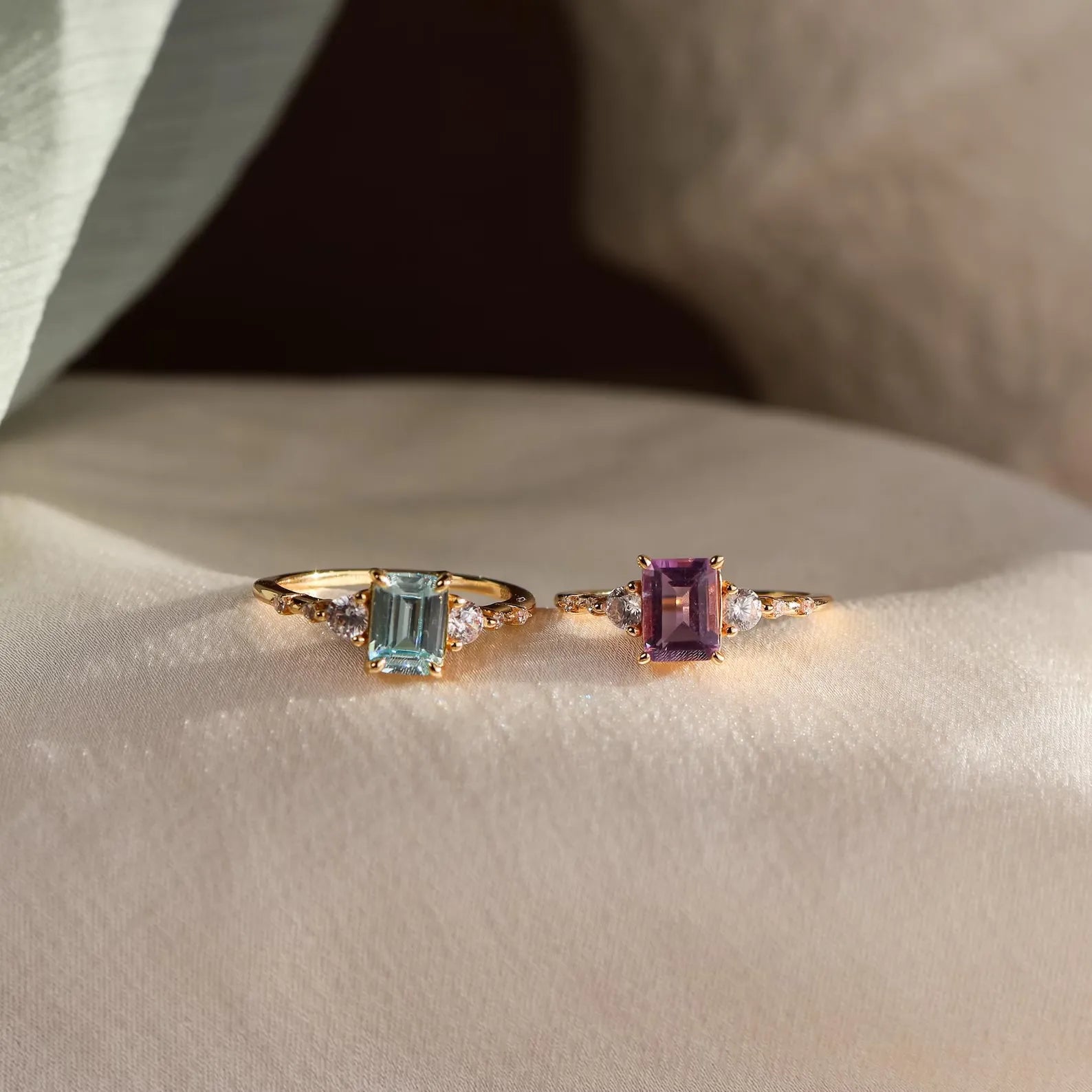 Vintage Emerald Cut Natural Aquamarine Yellow Gold Plated Silver Engagement Ring